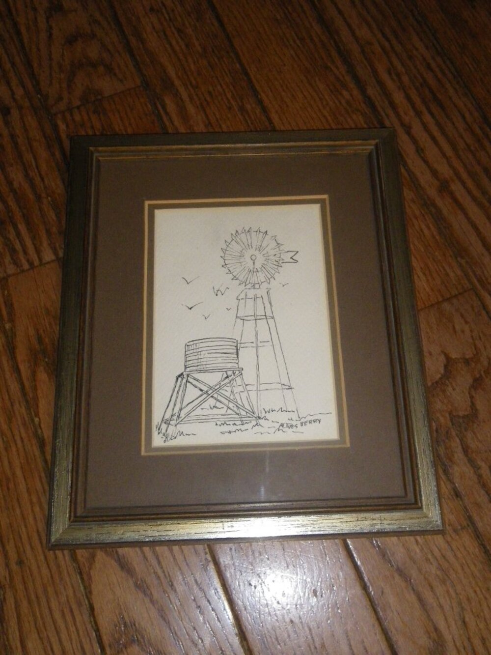 Vintage Small Framed Pencil Sketch Windmill & Water Tower Rustic Country Art